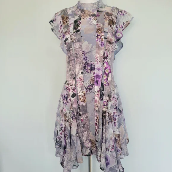 ALL SAINTS Fleur Lucia Asymmetrical Mock Neck A-line Gray Purple Dress Size 2 - Picture 4 of 16